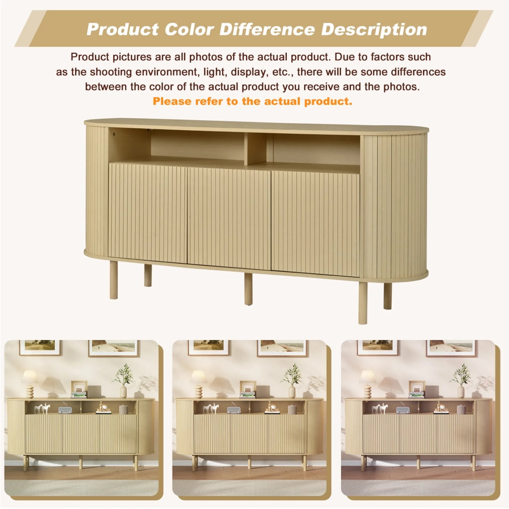 Sideboard 160x40x78,5 cm in truciolare con 3 ante ondulate e ripiano aperto, gambe in legno massello, colore legno naturale, portata 75 kg