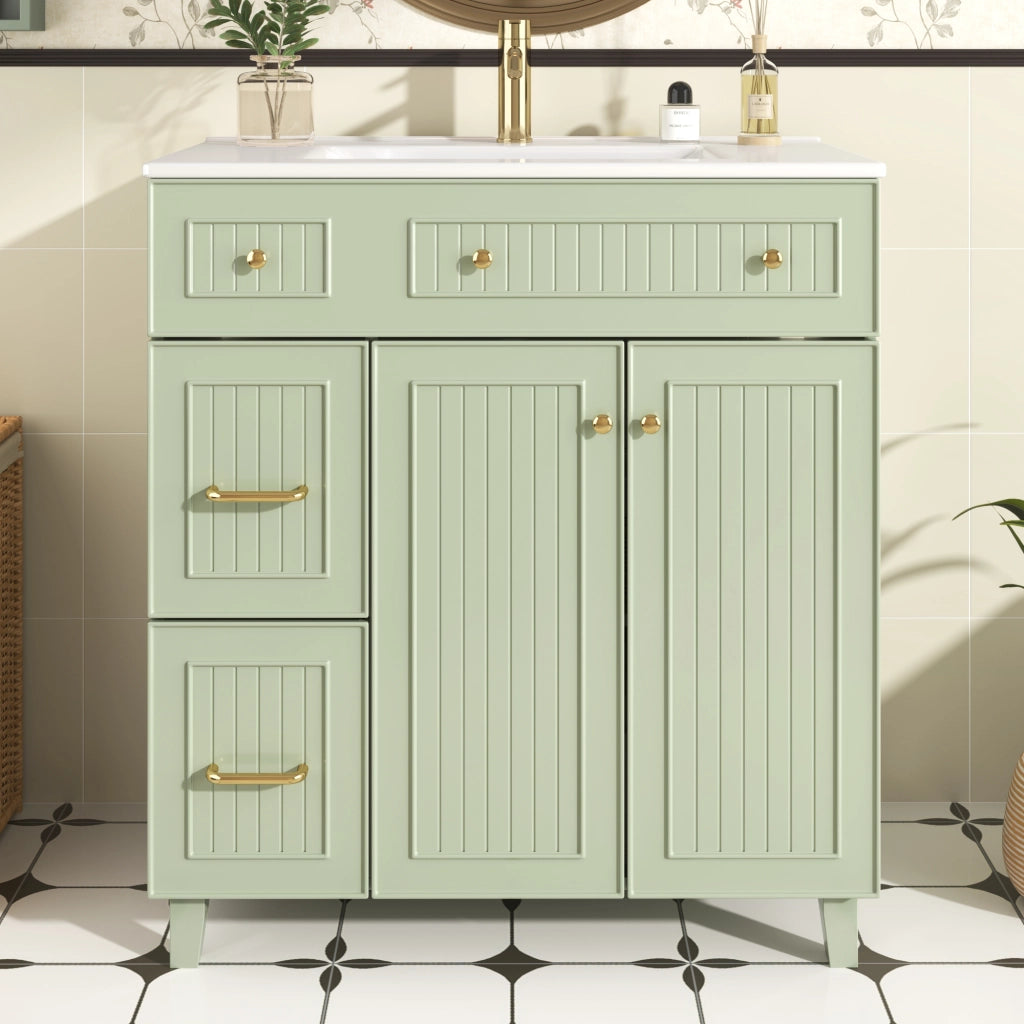 Mobile da bagno a terra con lavabo in ceramica cassetti e anta in MDF laccato verde piedi in legno di pino