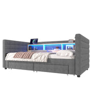 Letto divano singolo 90 × 190 cm estraibile; 2 cassetti; LED; USB e Type-C; senza materasso; in velluto grigio