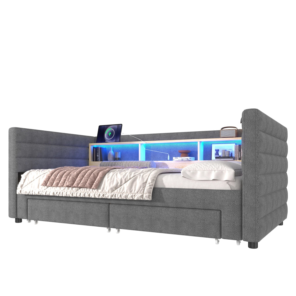 Letto divano singolo 90 × 190 cm estraibile; 2 cassetti; LED; USB e Type-C; senza materasso; in velluto grigio