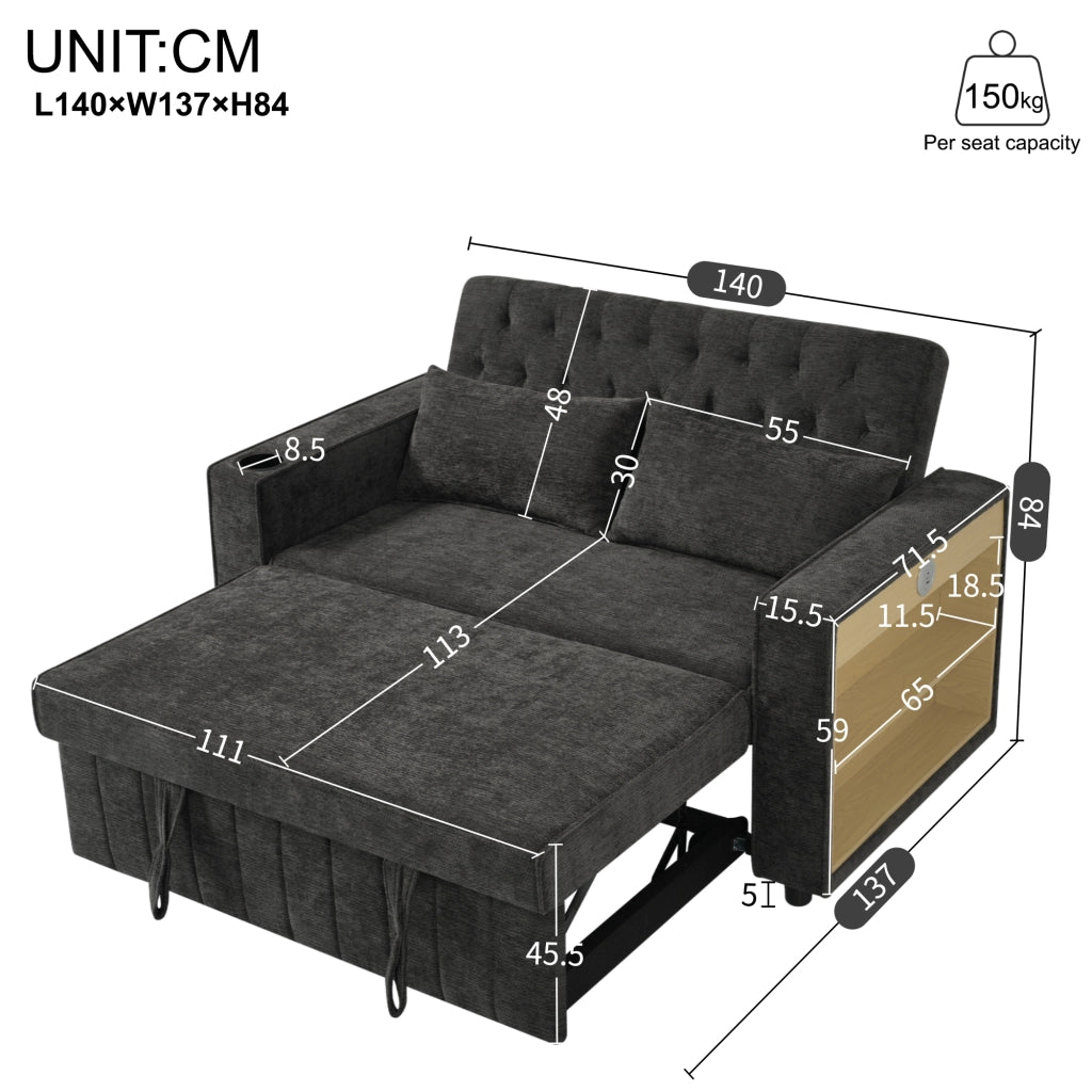 Divano Letto Multifunzione con Vano Contenitore, Portabicchieri e USB ¨C MINIMAL ¨C Grigio