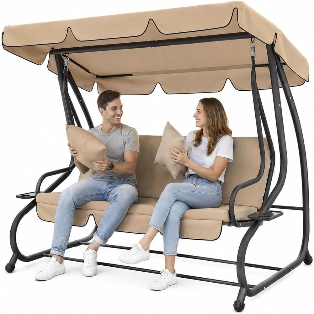 Dondolo Letto da Giardino 3 Posti Tetto Reclinabile Cuscini Beige 200x126x170 cm