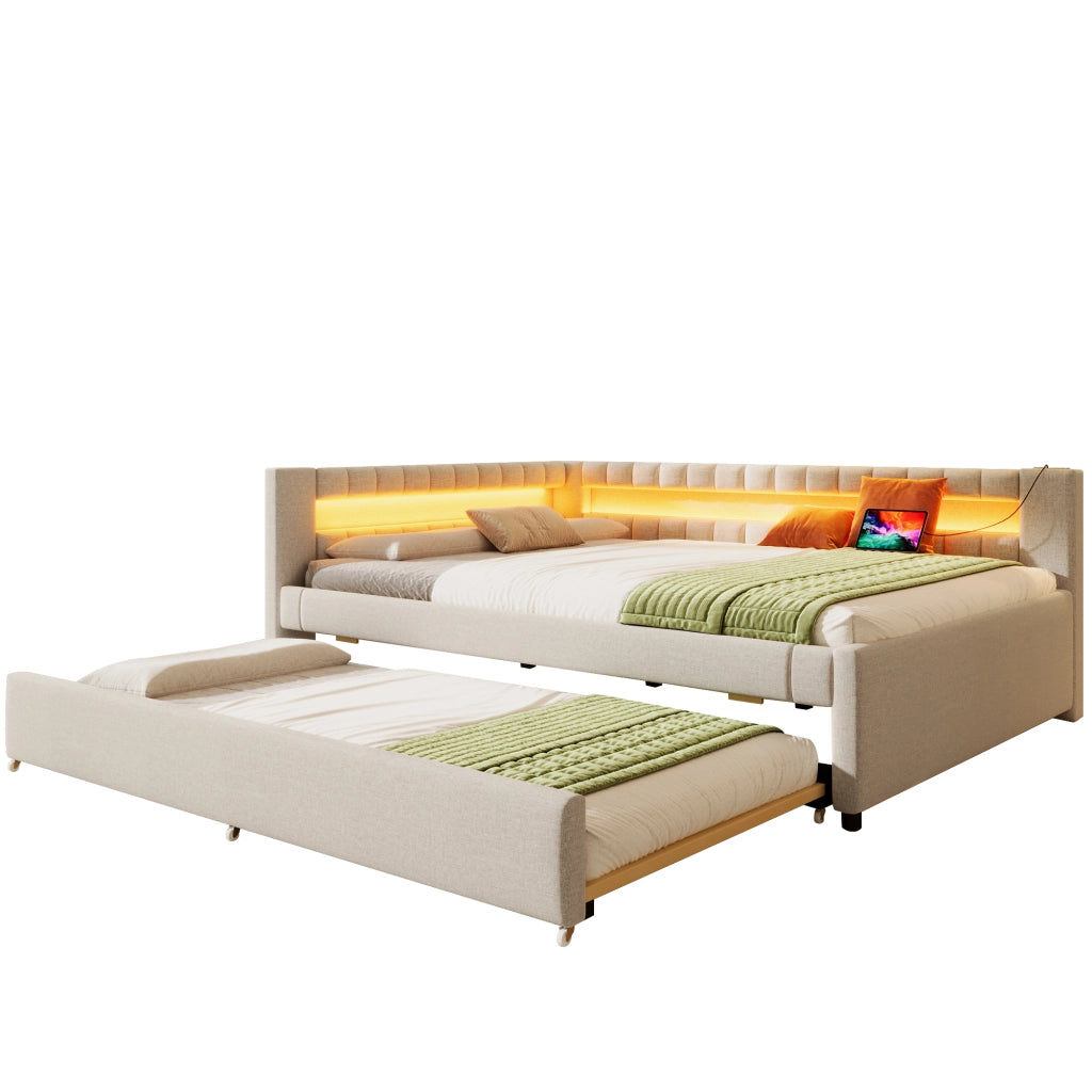 Letto divano 140x200 cm in lino beige con letto estraibile; LED; USB e USB-C