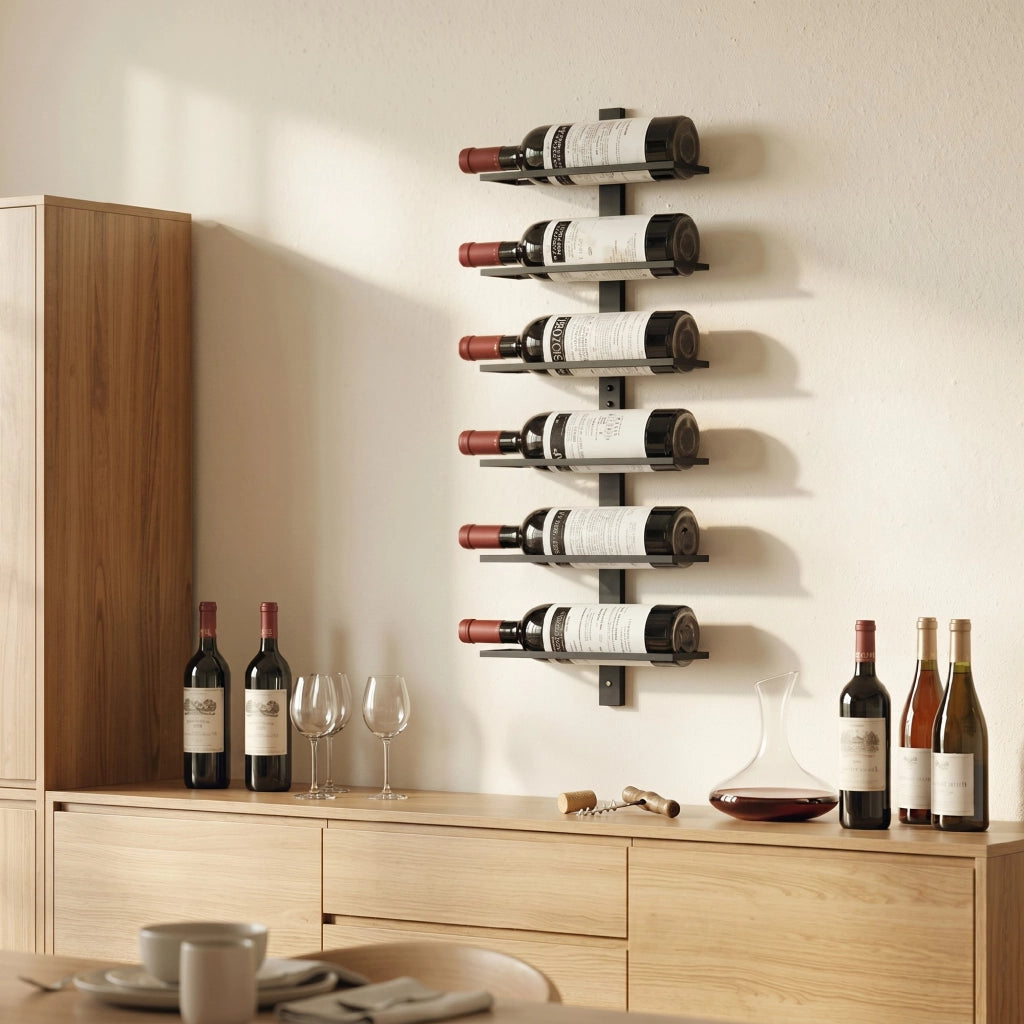 Weinregal, Wandregal für 6 Flaschen Wein, 6 Ebenen, Stahlrohr, für Küche, Wohnzimmer, Hausbar, Schwarz