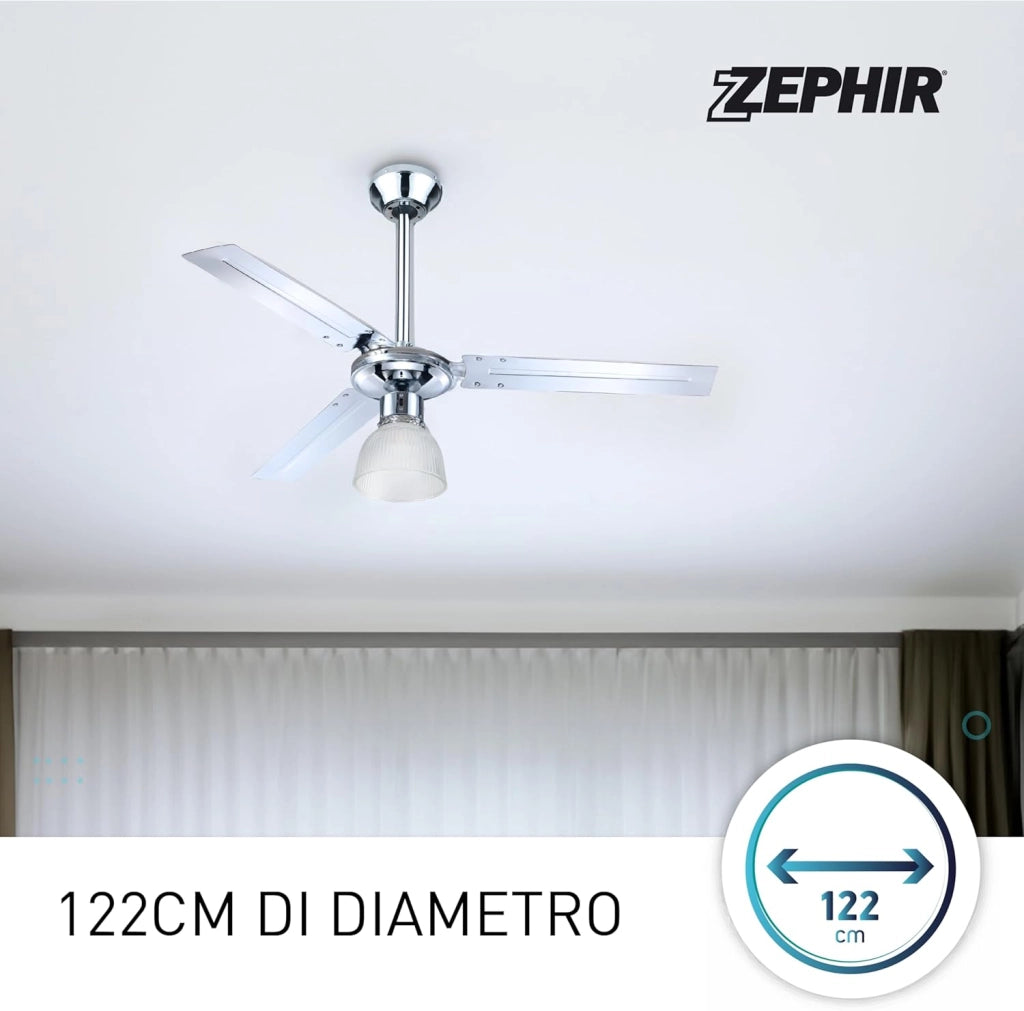 Ventilatore a Soffitto Zephir ZFR3121X 120 cm con Luce, 3 Pale in Metallo Cromato, Telecomando, 5 Velocità, Funzione Reversibilità Estate/Inverno, Timer 1/2/4/8 Ore, Lampada E27 fino 60W, Potenza 70W – Ideale per Casa, Soggiorno e Ufficio