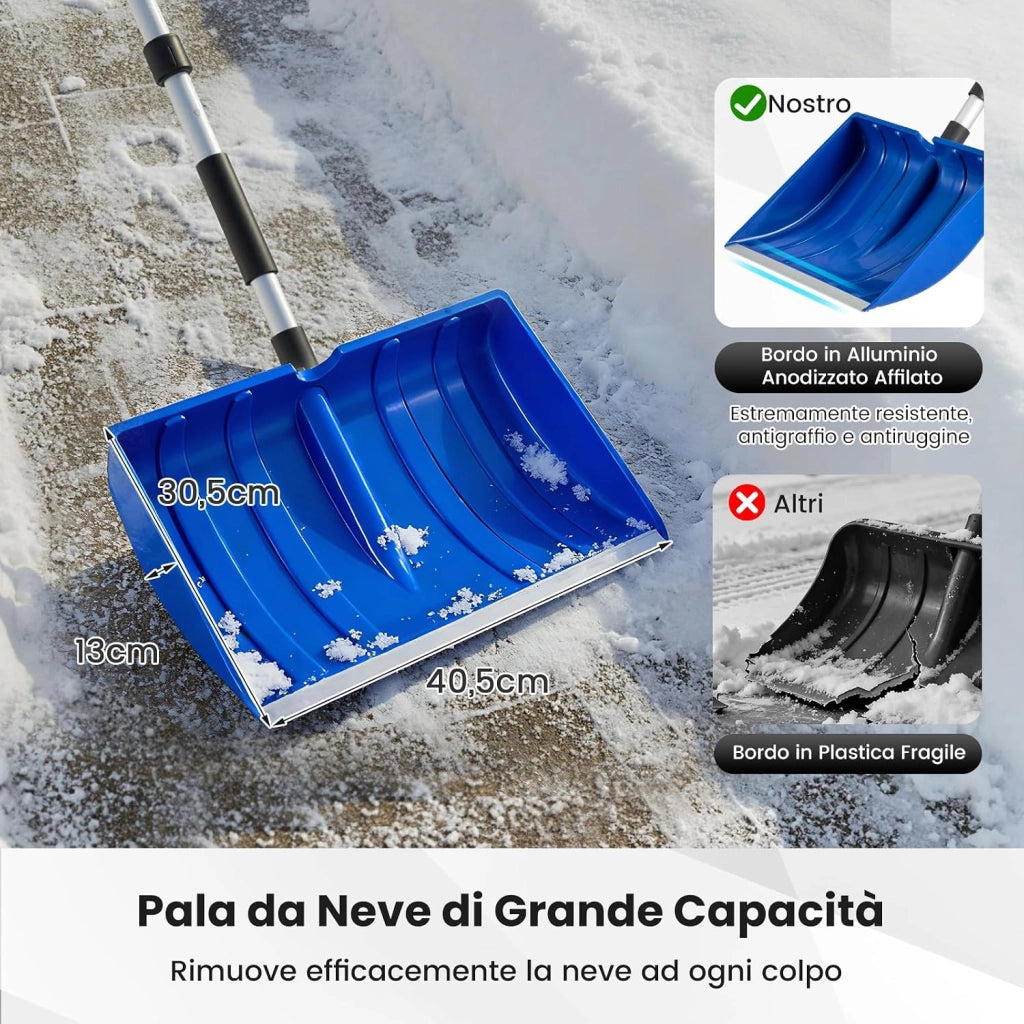 Pala da Neve Portatile, 122 cm Badile da Giardino Staccabile con Manico Ergonomico a D e Raschietto per Ghiaccio in Alluminio, per Vialetto e Auto (Blu + Argento)