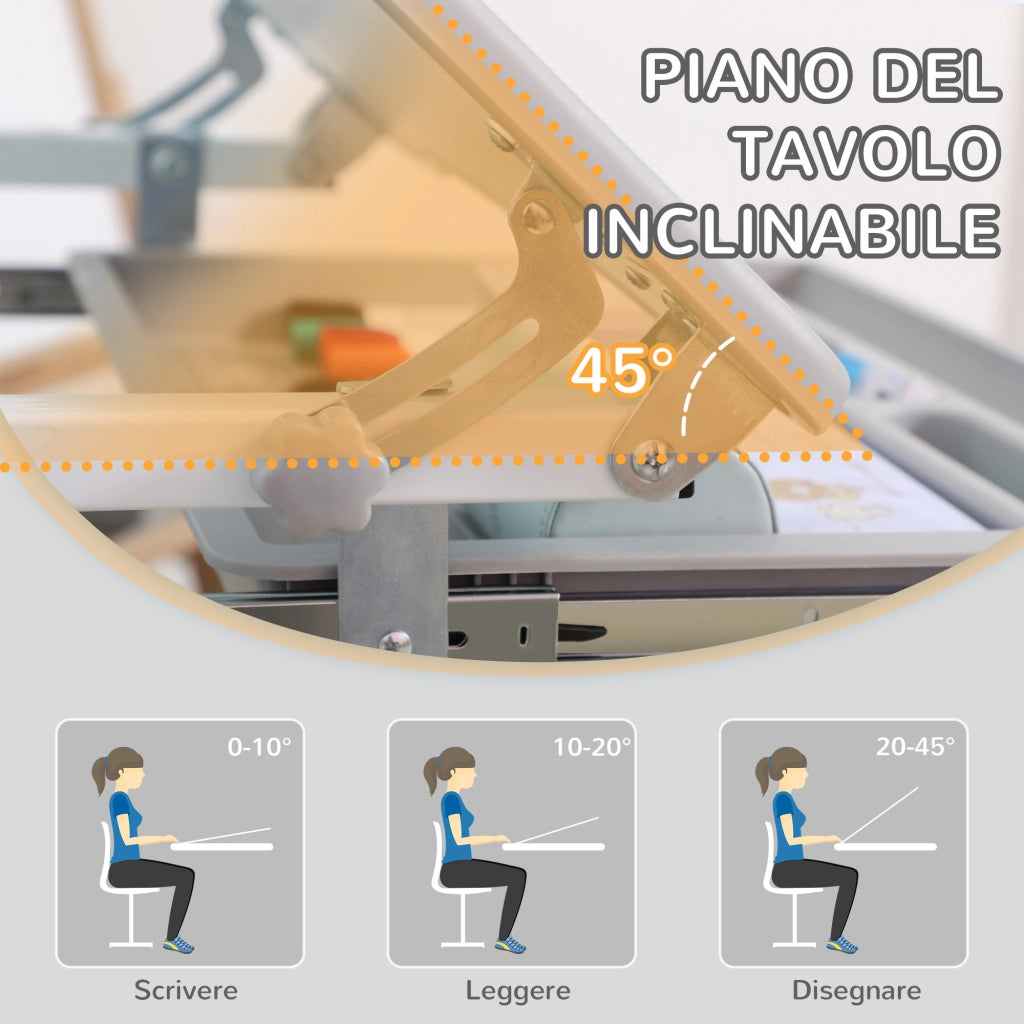 Banco Scuola per Bambini 6-12 Anni con Sedia e Altezza Regolabile, Piano Inclinabile, 66x47x52-77 cm, Grigio