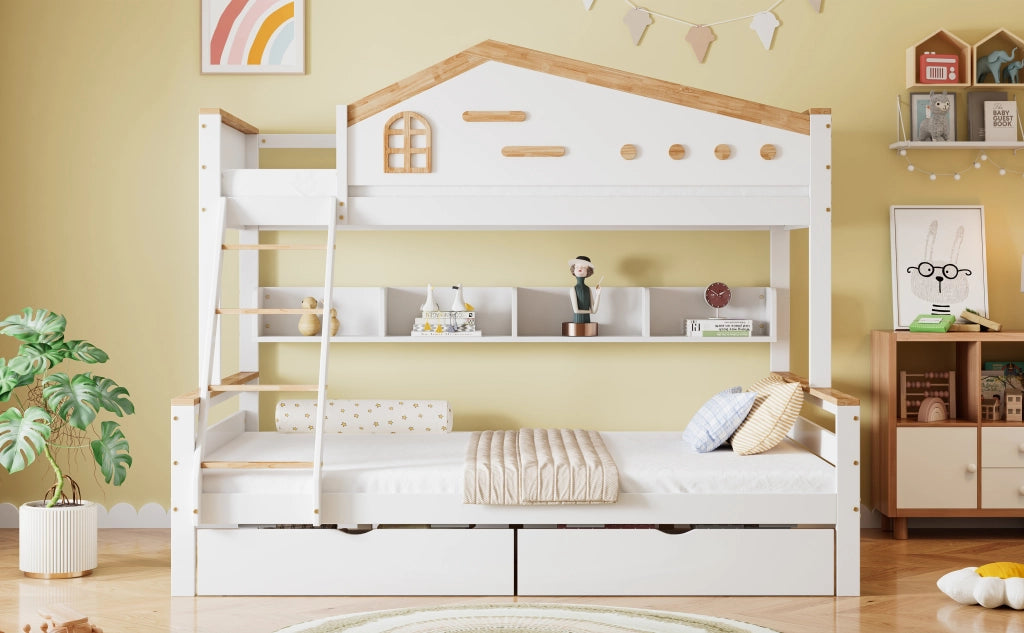 Letto a castello per bambini in pino e MDF bianco e naturale con due cassetti; finestrella e scaletta; 90x200 e 140x200 cm