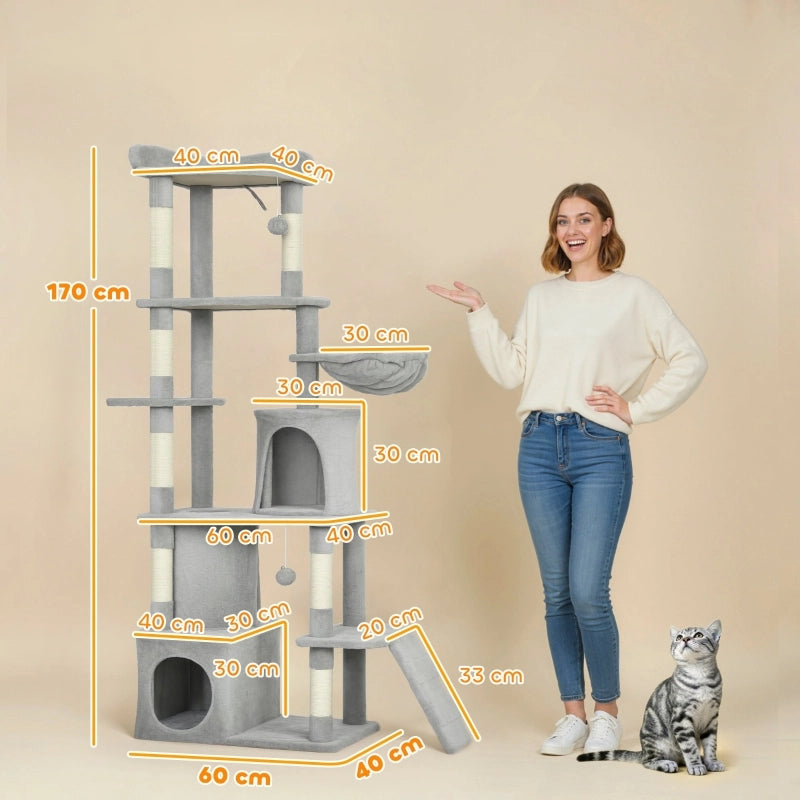 Tiragraffi alto 170 cm con tunnel verticale; 2 cucce; amaca; scala e pali in sisal; grigio chiaro per 1-3 gatti