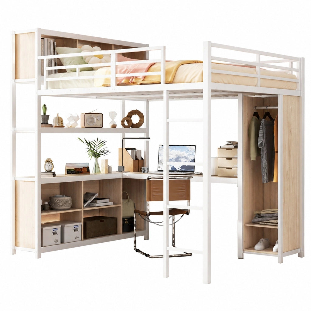 Letto soppalco 140x200 metallo， bianco， scrivania e contenitori， senza materasso