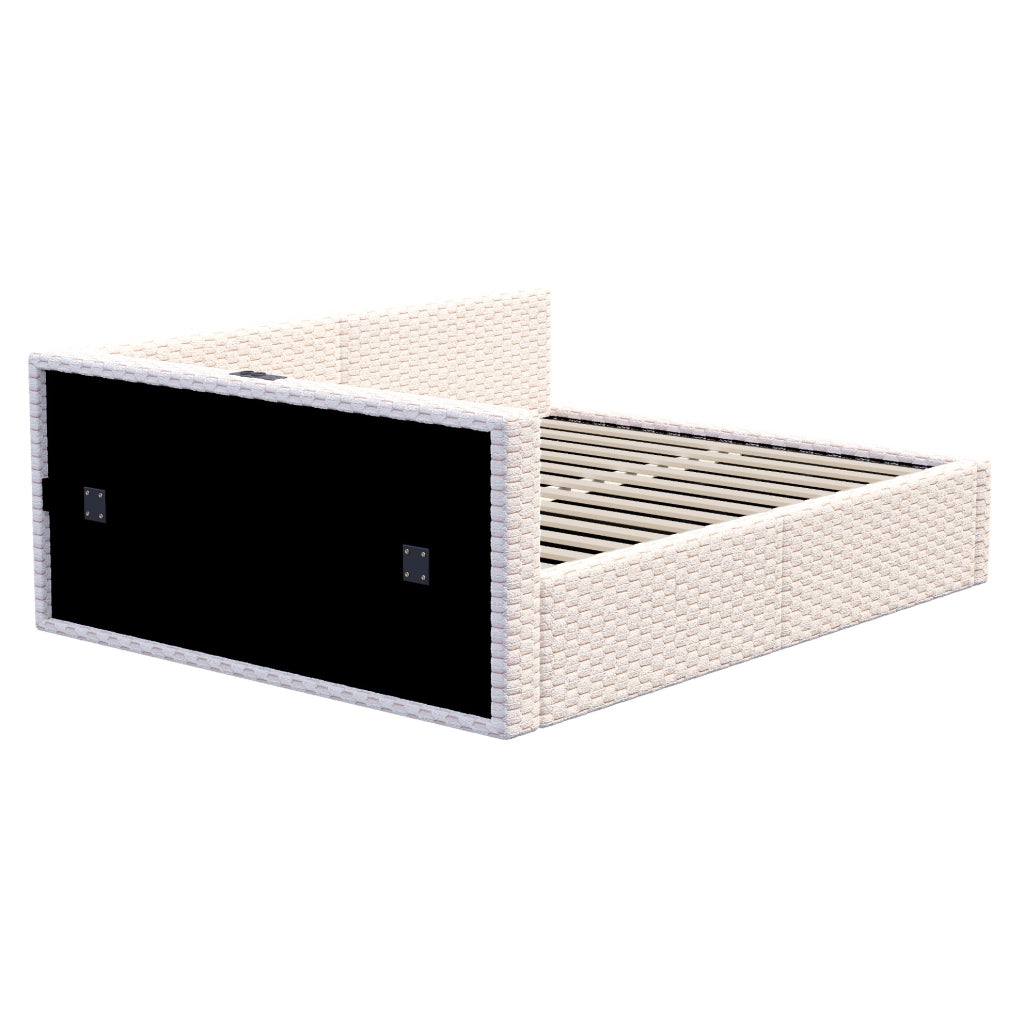 Multifunktionsbett 140x200 cm con LED; USB-C e vano contenitore; velluto beige