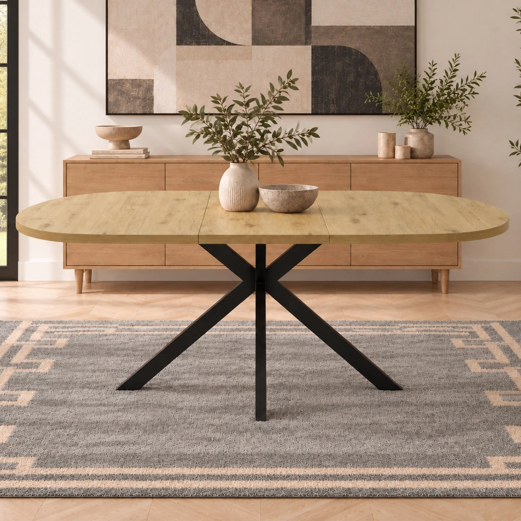 Tavolo da Pranzo Ovale Allungabile 120-160x80 cm 4-6 Posti LEMONMAX; Prolunga Integrata; Piano MDF Effetto Legno e Gambe in Metallo; H 75 cm