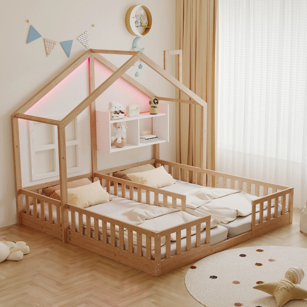 Letto per bambini doppio a casetta per due materassi 90 × 200 cm con LED, sponde, ripiani e rete in legno