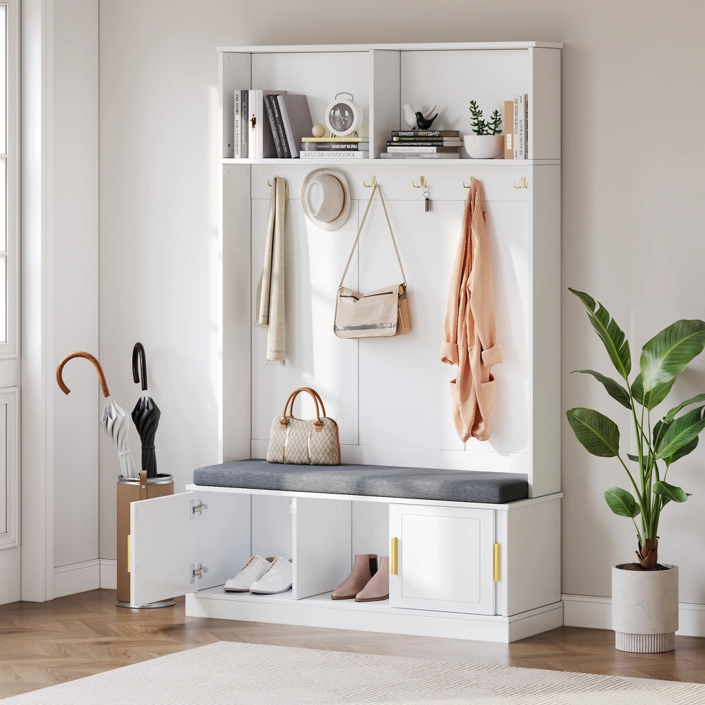 Appendiabiti con Panca Scarpiera e Ganci ¨C MINIMAL ¨C Bianco, Salvaspazio, 120x40x191 cm