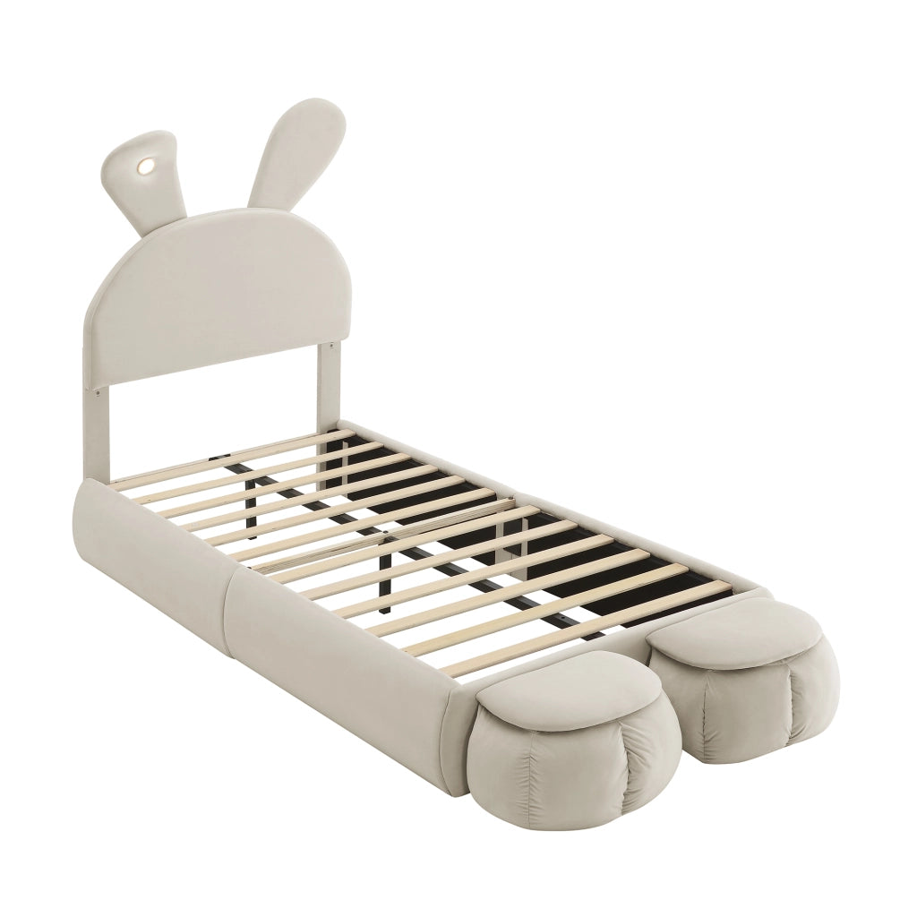 Letto Singolo 90x200 Imbottito in Velluto Beige con Orecchie da Coniglio e Luce LED