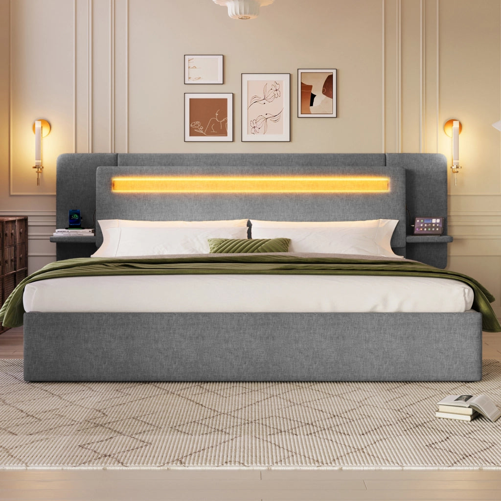 Letto imbottito 180 × 200 cm con contenitore idraulico in lino grigio LED multicolore comodino e USB