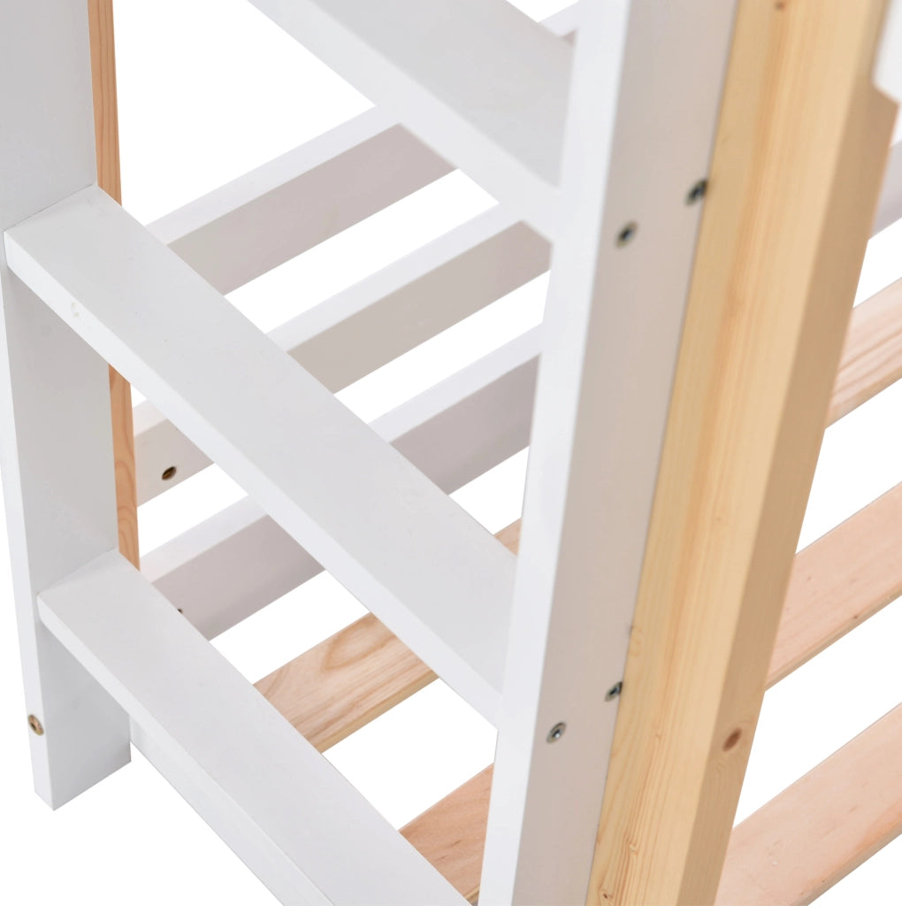 Letto a castello per bambini Yeavio 90x200 cm in legno di pino naturale e MDF con scala e rete a doghe