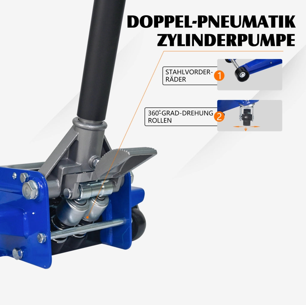 Cric idraulico a carrello ULEVR 3 t con doppia pompa e pedale, altezza 75-505 mm, blu e argento