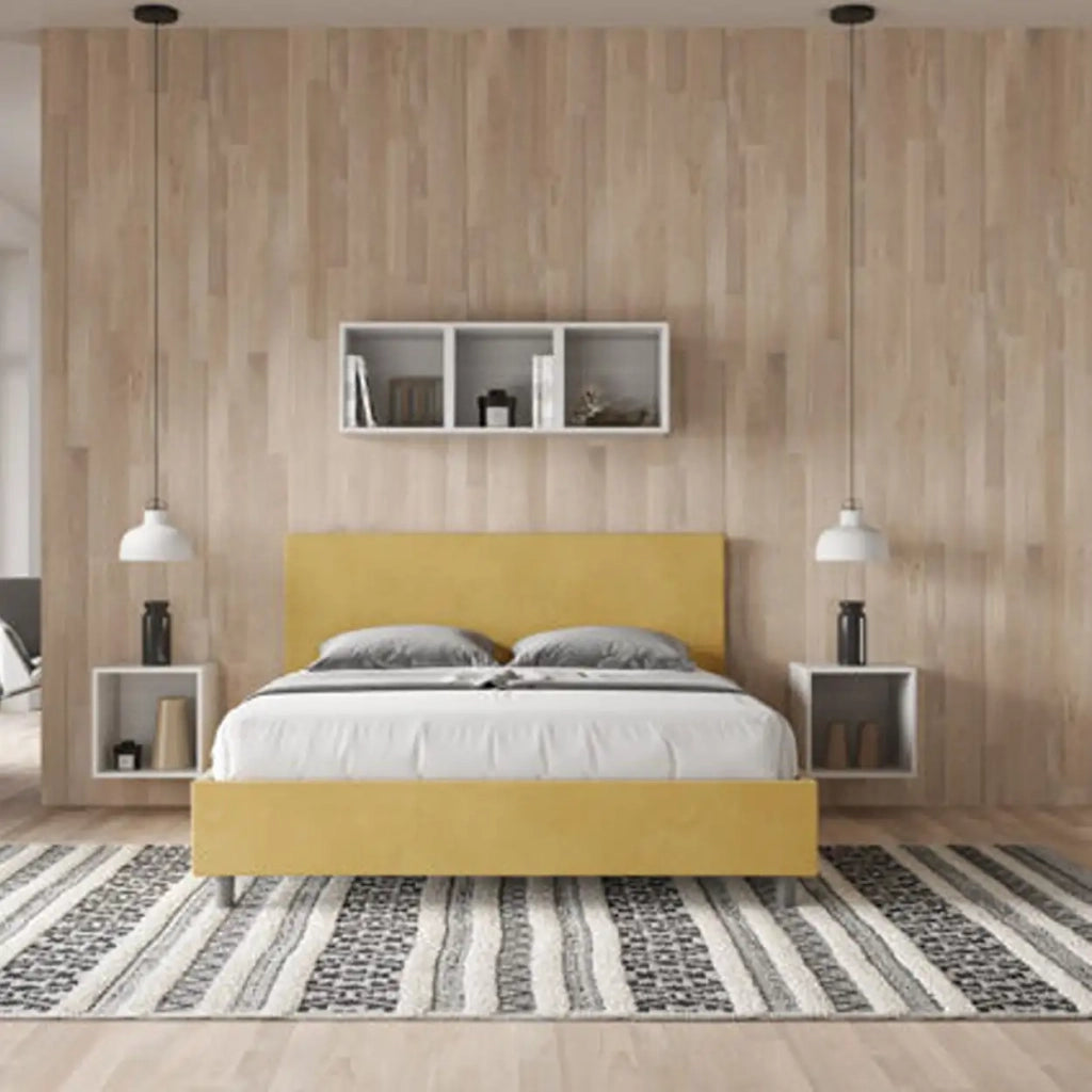 Letto matrimoniale contenitore imbottito 160x210 microfibra ocra Adele