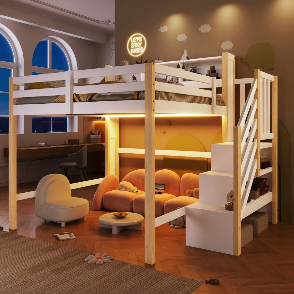 Letto a soppalco 140x200 cm con LED; scala contenitore e vani a giorno bianco naturale