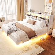 Letto imbottito 180 × 200 cm con testiera reclinabile; LED; presa; USB e Type-C; velluto beige