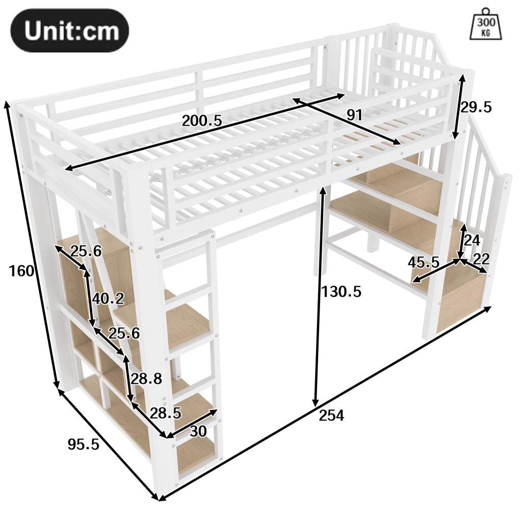 Letto a soppalco 90x200 cm in metallo con scala, ripiani e illuminazione LED integrata, bianco