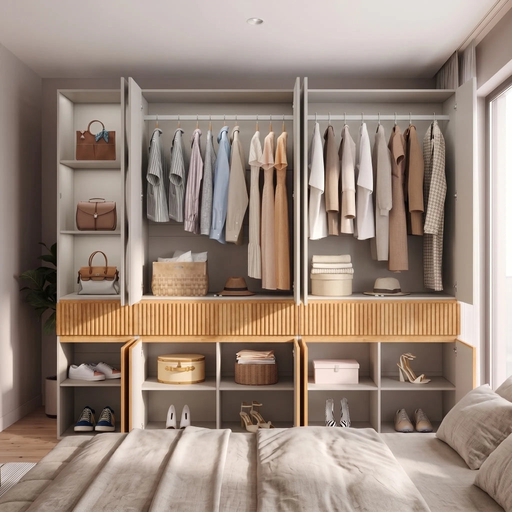 Armadio 10 ante, 225x50x200 cm, 2 appendini e 3 cassetti, rovere chiaro, moderno per camera, corridoio, cameretta o ufficio