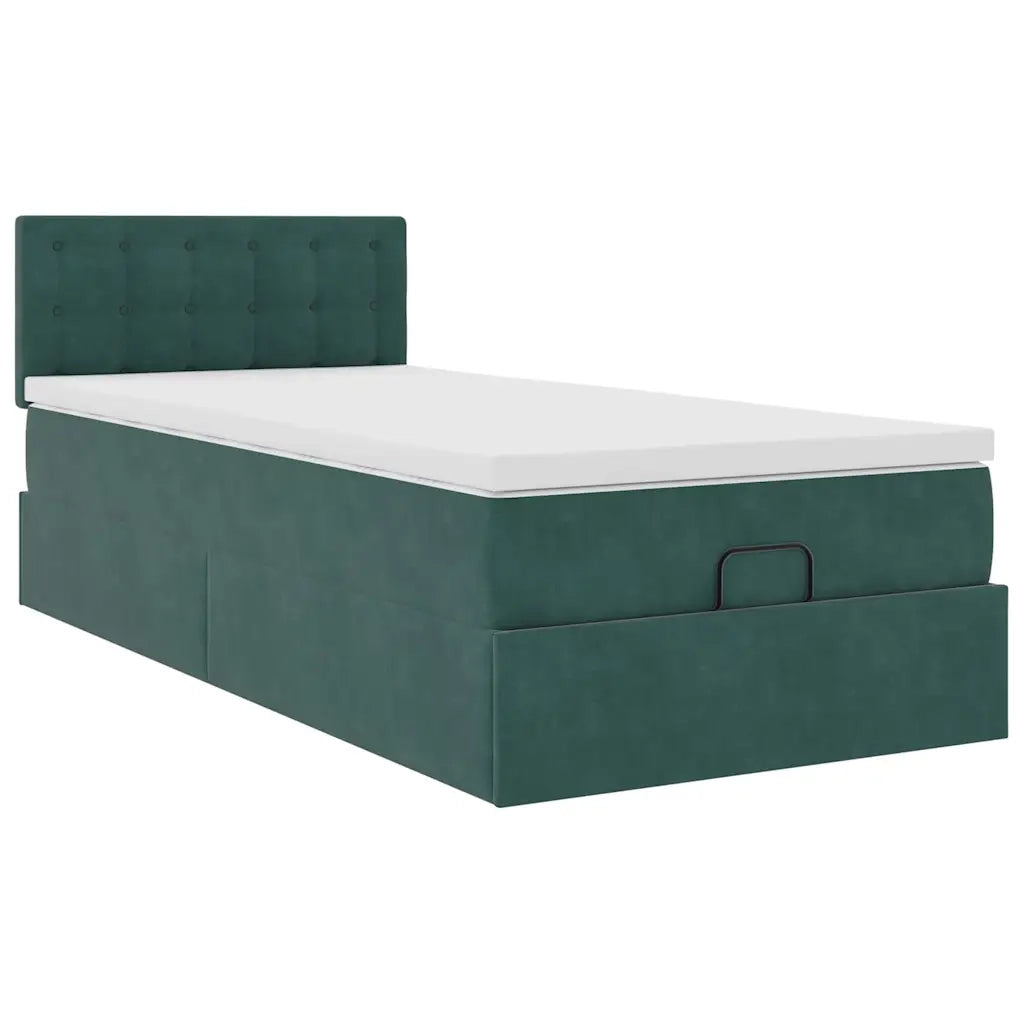 Pouf Letto con Materasso e LED Verde Scuro 90x200cm in Velluto