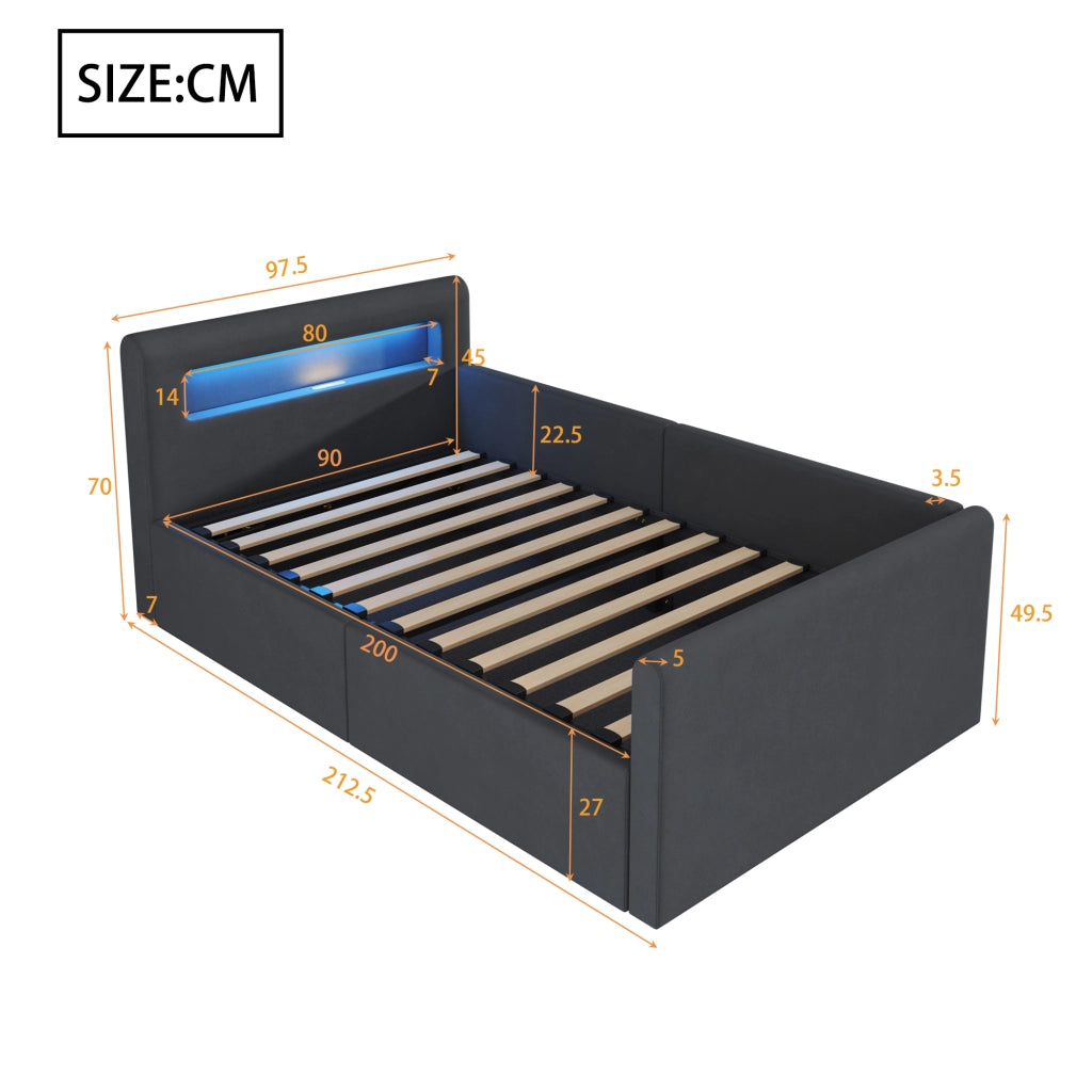 Letto per bambini imbottito 90 × 200 cm con luci LED porta USB vano idraulico velluto grigio