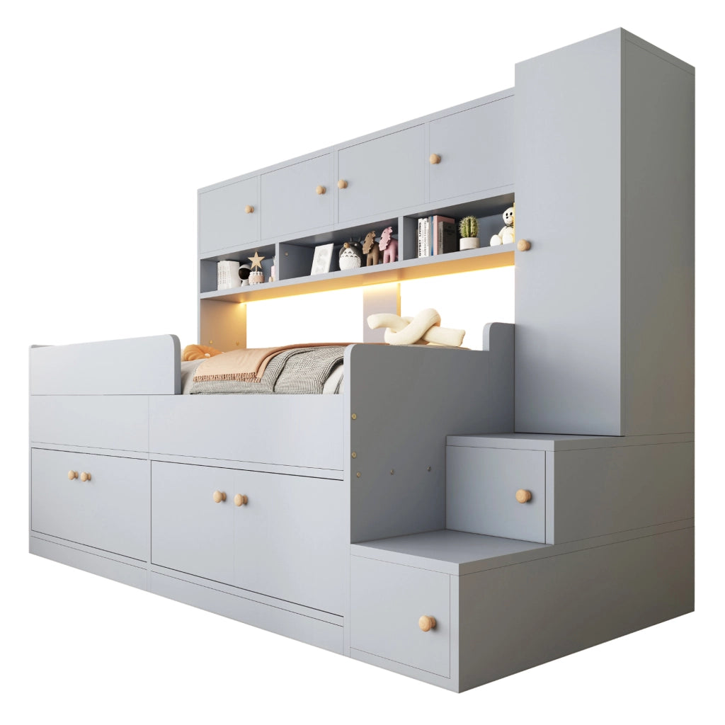Letto per bambini 90x200 cm con LED, armadi e vani contenitore in grigio