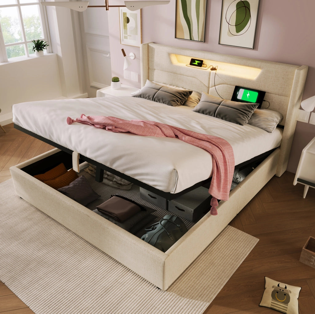Letto contenitore 140x200 beige in lino con LED, USB e Type-C