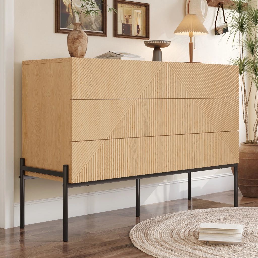 Cassettiera 115.5x38.0x75.0 cm con 6 cassetti e struttura geometrica 3D in MDF naturale