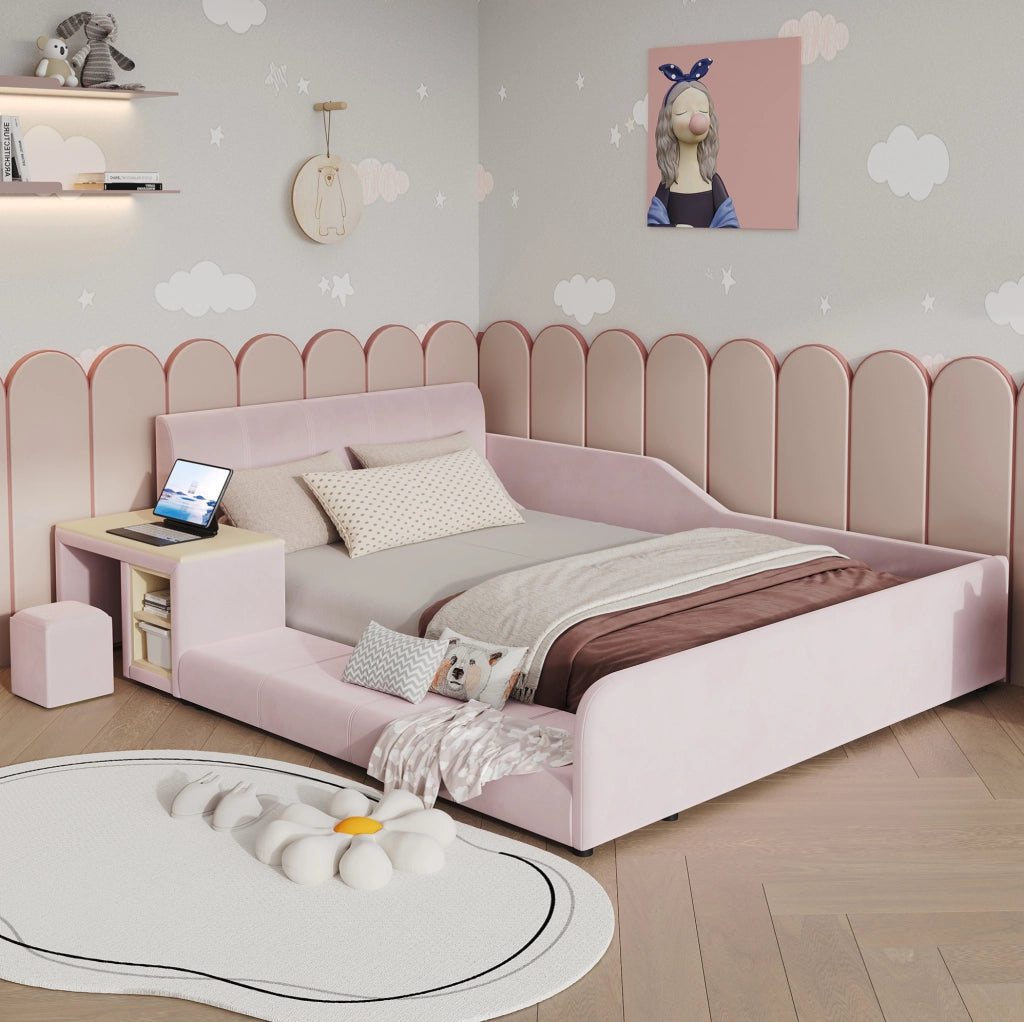 Letto imbottito rosa 140x200 con scrivania e sgabello