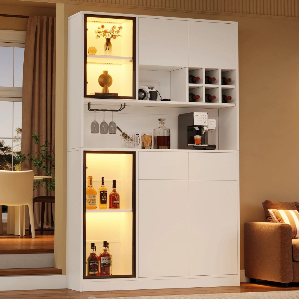 Armadietti, vetrine, cantinetta, ante in vetro, 2 cassetti, illuminazione a LED, ripiani aperti, bianco