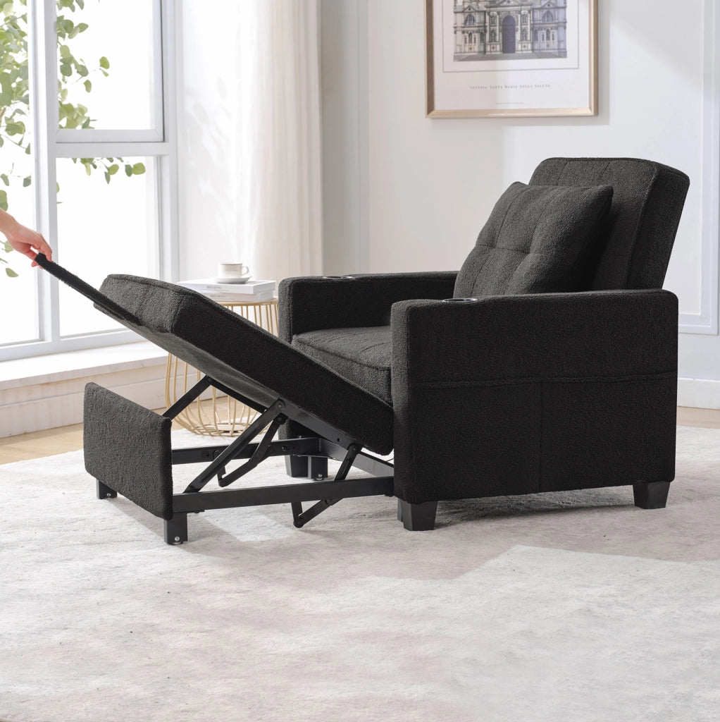 Divano Letto Singolo 3-in-1 con Porta Bicchieri e USB, Poltrona Reclinabile e Letto Estraibile, Ideale per Spazi Ridotti