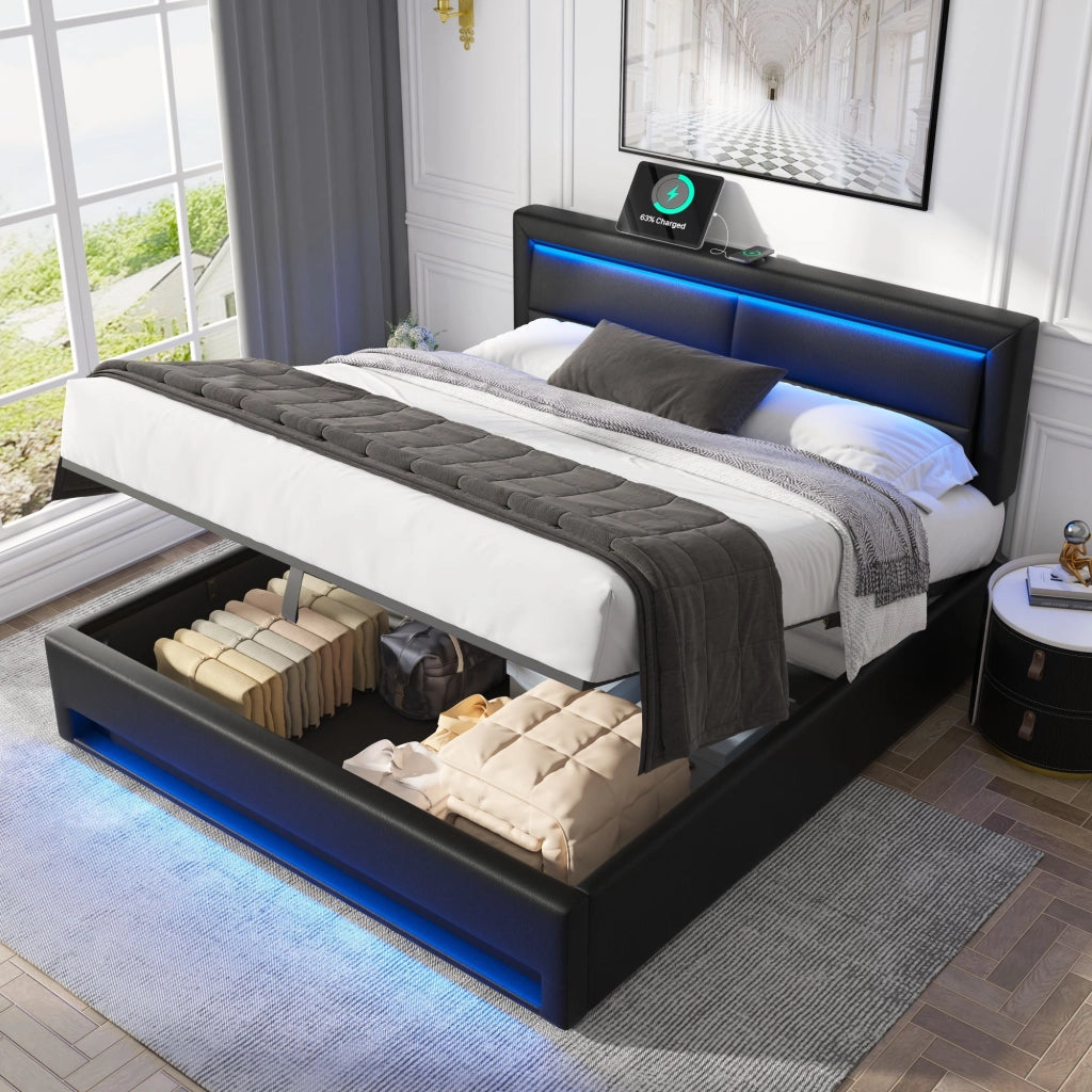 Letto imbottito 140 x 190 cm; spazio contenitore; LED; porta USB; ricarica wireless e cablata; PU; nero