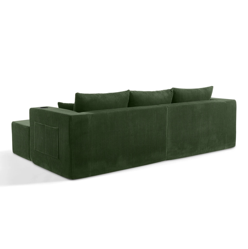 Divano angolare modulare 3 posti con 2 pouf mobili; portabicchieri e tasche laterali; verde