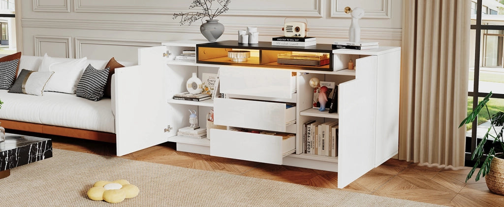 Sideboard 140x40x68 cm con 2 ante a L, 3 cassetti e illuminazione LED, bianco e nero