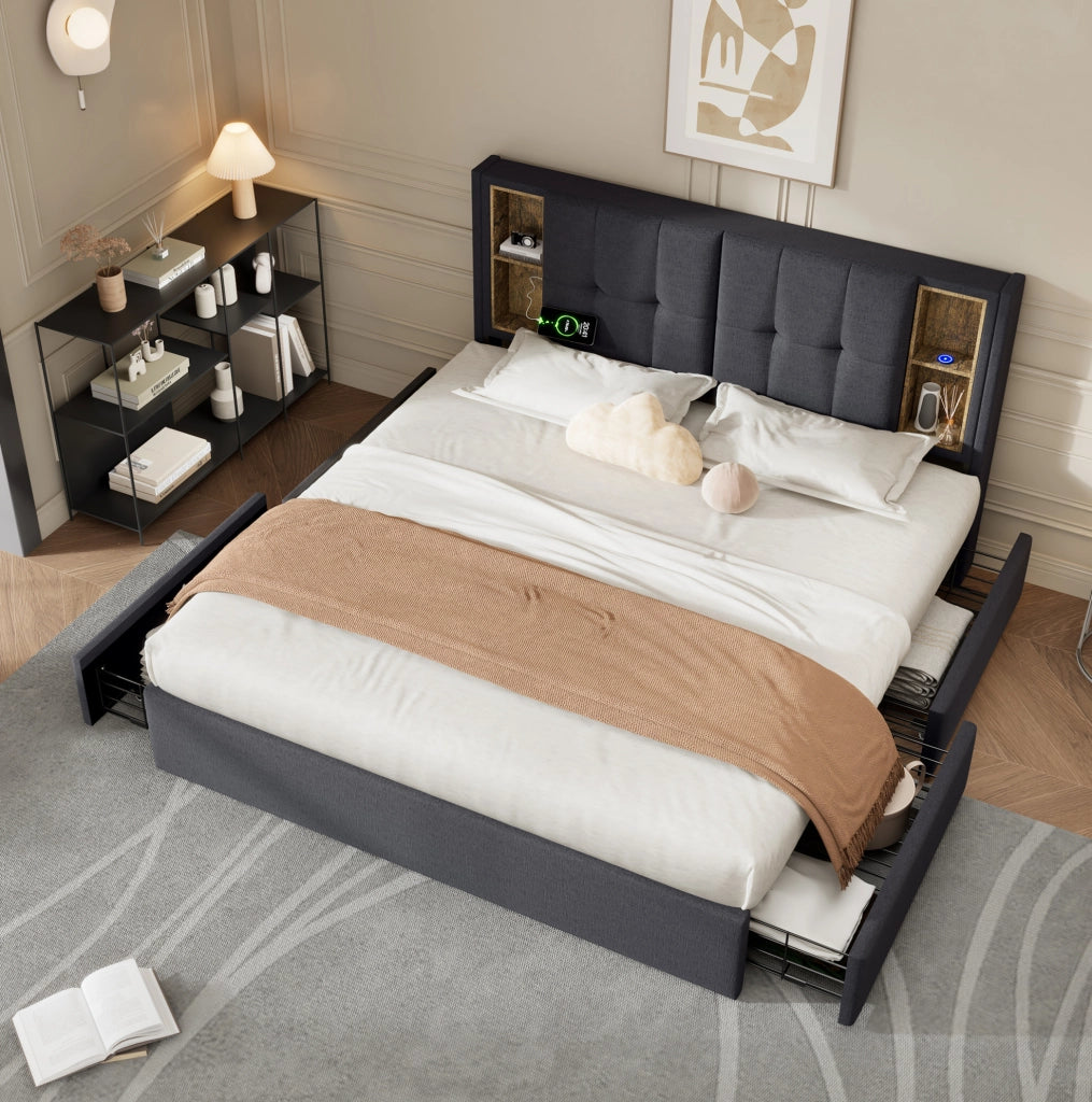 Letto Matrimoniale 160x200 cm con Ricarica Wireless USB-C, 4 Cassetti e Testiera in Lino Grigio Senza Materasso