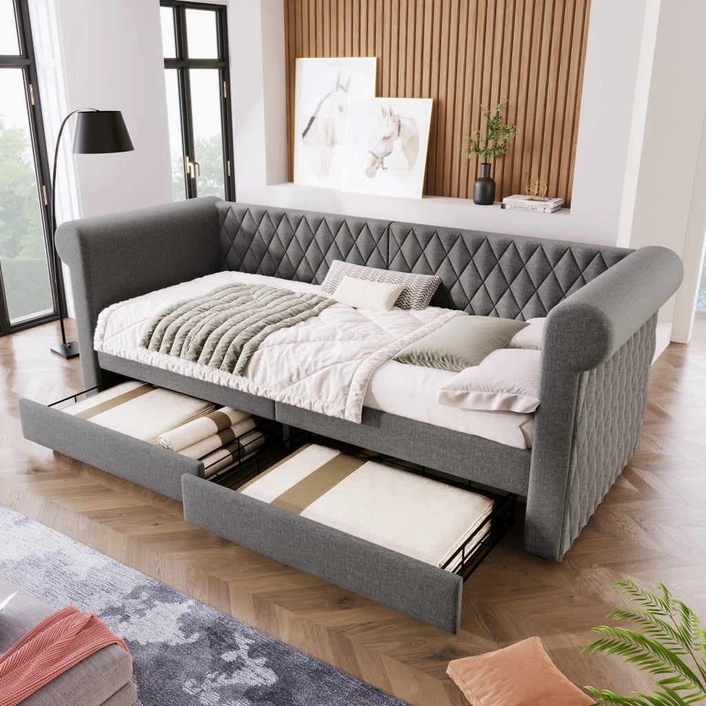 Letto singolo a divano grigio 90x200 cm con 2 cassetti