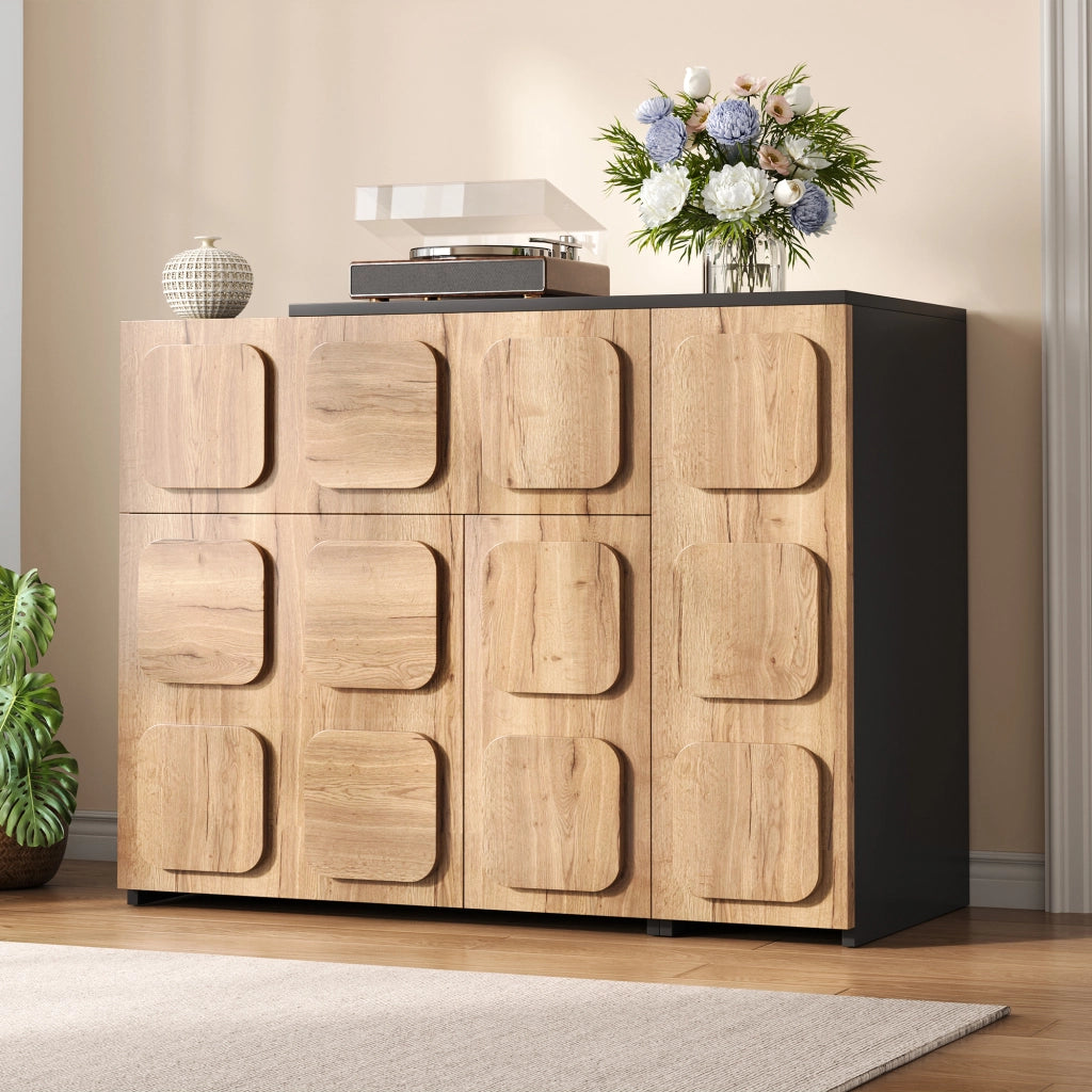 Credenza modulare con cassetti e vani; Push-to-Open per soggiorno in legno naturale