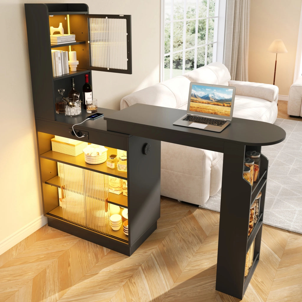 Tavolo bar estraibile con contenitori; LED; prese USB e Type-C 131-170x40x170 cm nero