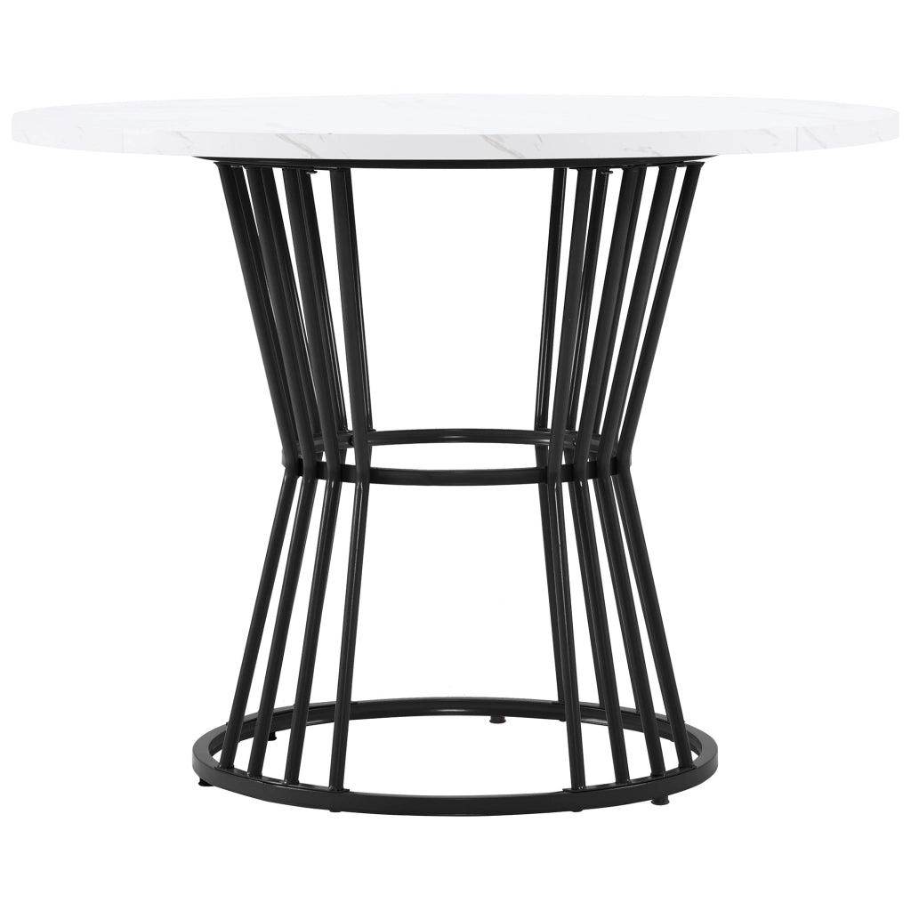 Set tavolo da pranzo rotondo 100 cm, piano MDF bianco e gambe metallo nero, con 4 sedie in velluto nero, 5 pezzi