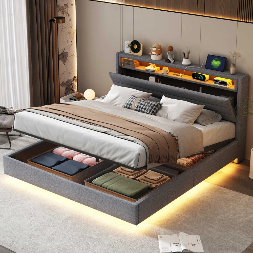 Letto contenitore grigio 160x200 cm in lino; effetto sospeso; LED; USB e testiera ribaltabile; senza materasso
