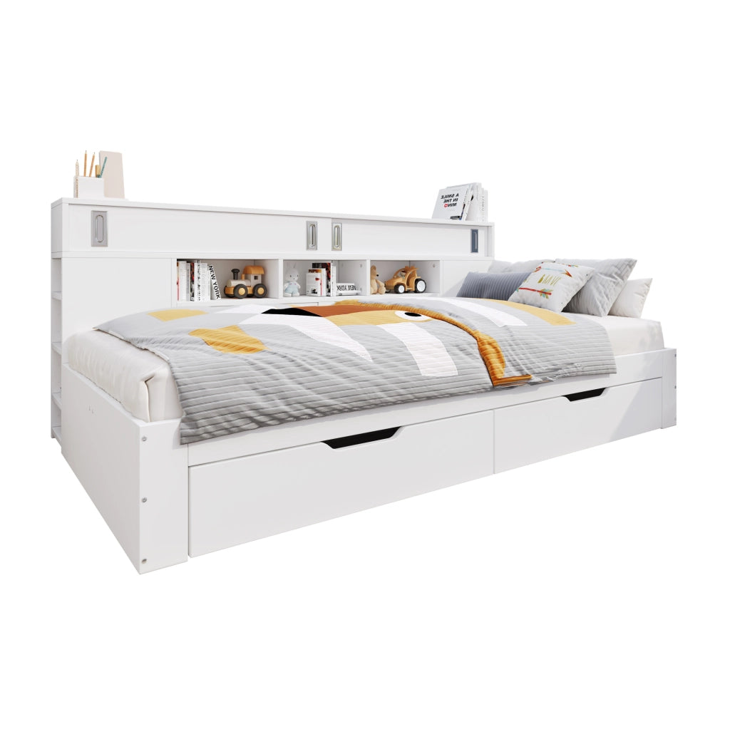Letto da giorno 140x190 cm con cassetti, armadi e ripiani in MDF bianco