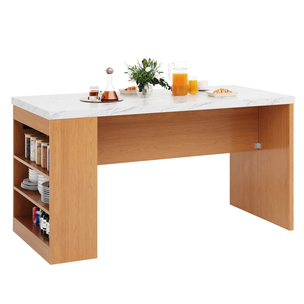 Isola da cucina 155x80x90 cm con LED; prese AC e USB; piano in MDF naturale e bianco