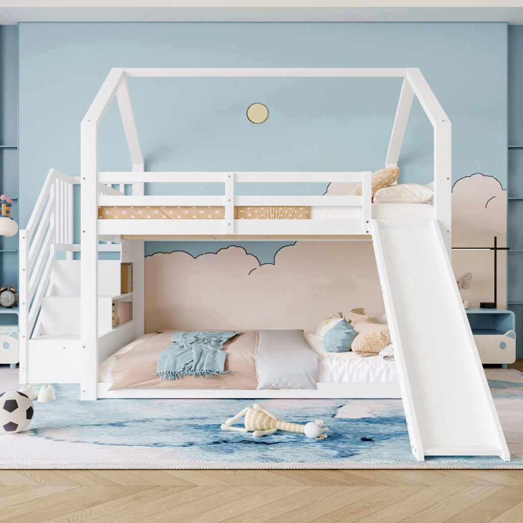 LETTO a castello 140x200 cm con scivolo, scala contenitore, bianco