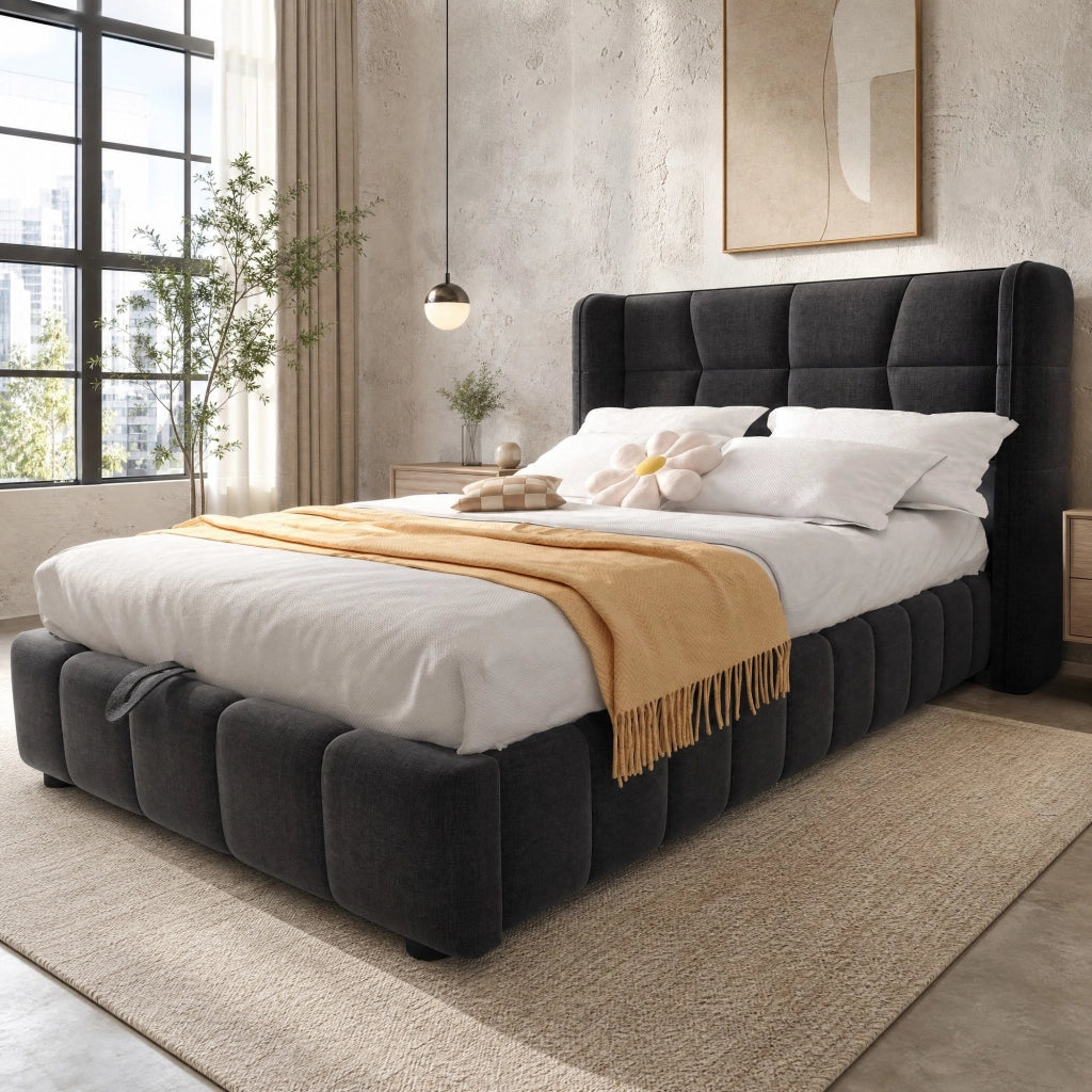 Letto imbottito con vano contenitore grigio 90 x 200 cm