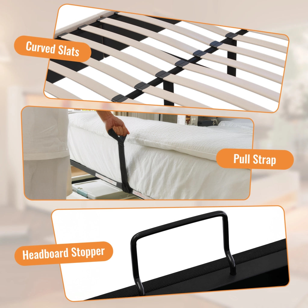 Letto matrimoniale 140 × 200 cm con contenitore idraulico; 3 USB; Type-C e portabicchieri; materasso incluso; beige