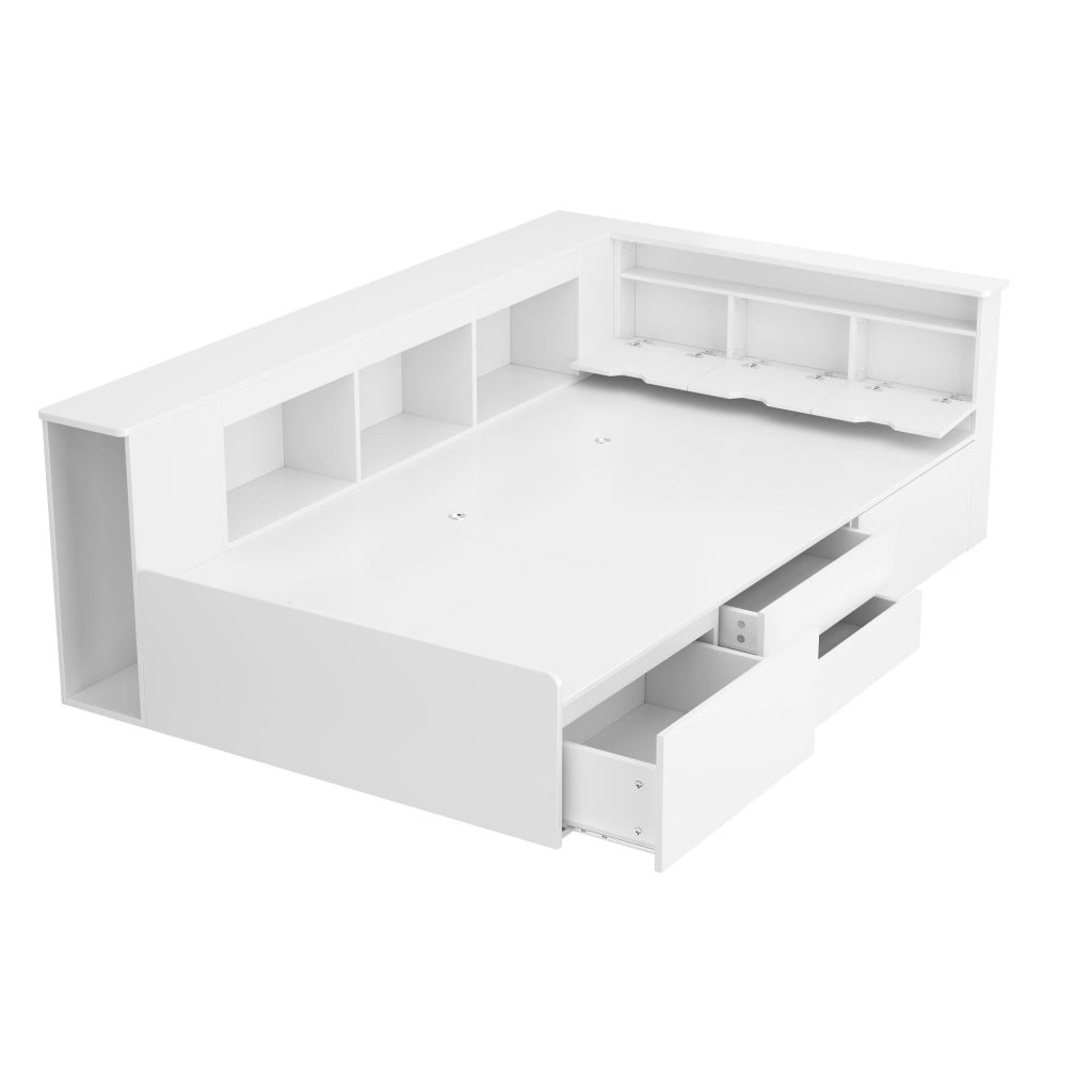 Letto singolo 90x200 cm bianco con 4 cassetti; libreria e vani portaoggetti